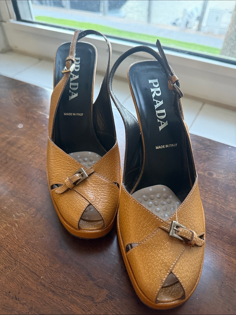 Prada Tan Leather Peep-Toe Slingback Heels with Buckle